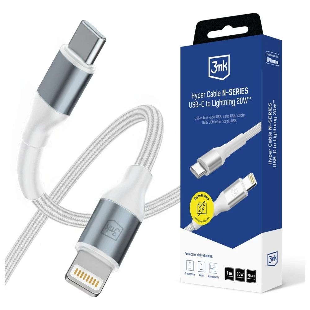 Cable type-c - lightning, 9v/2.0a/20w/pd3.0, 1.0m, 3mk n-series white 2