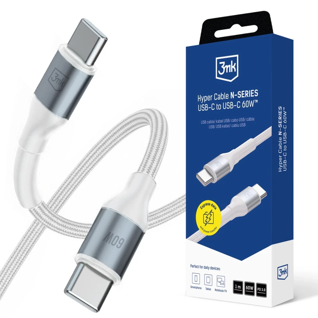 Cable type-c - type-c, 20v/3.0a/60w/pd3.0/qc3.0, 1.0m, 3mk n-series white 2