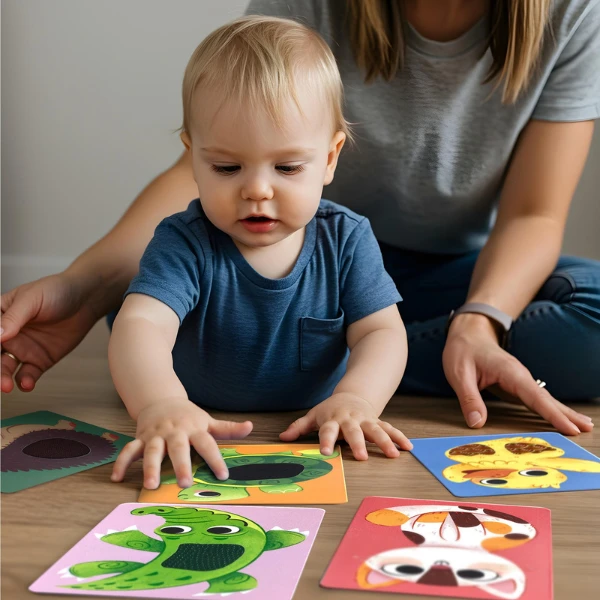 Set de carduri cu elemente tactile montessori „puii animalelor” 8