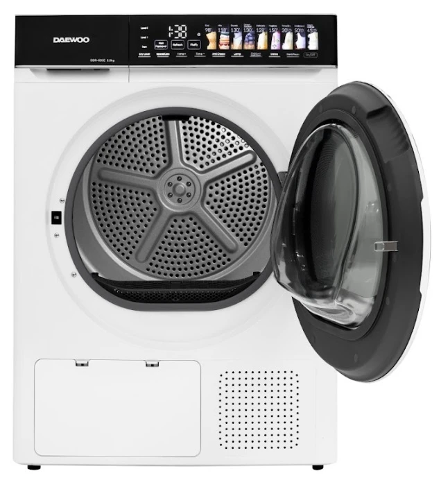 Сушильная машина daewoo ddr-hs9e-1, 9 кг, класс e, электронное управление, тепловой насос, сенсорные кнопки, чёрная панель управления с крупными пиктограммами 2