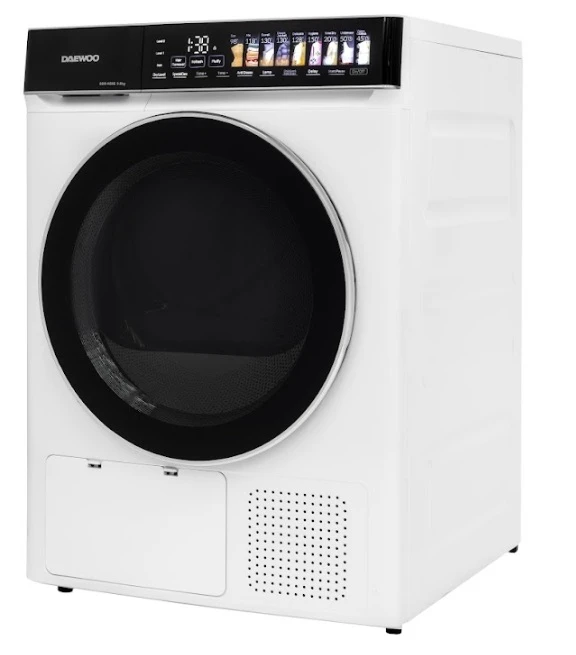 Сушильная машина daewoo ddr-hs9e-1, 9 кг, класс e, электронное управление, тепловой насос, сенсорные кнопки, чёрная панель управления с крупными пиктограммами 3