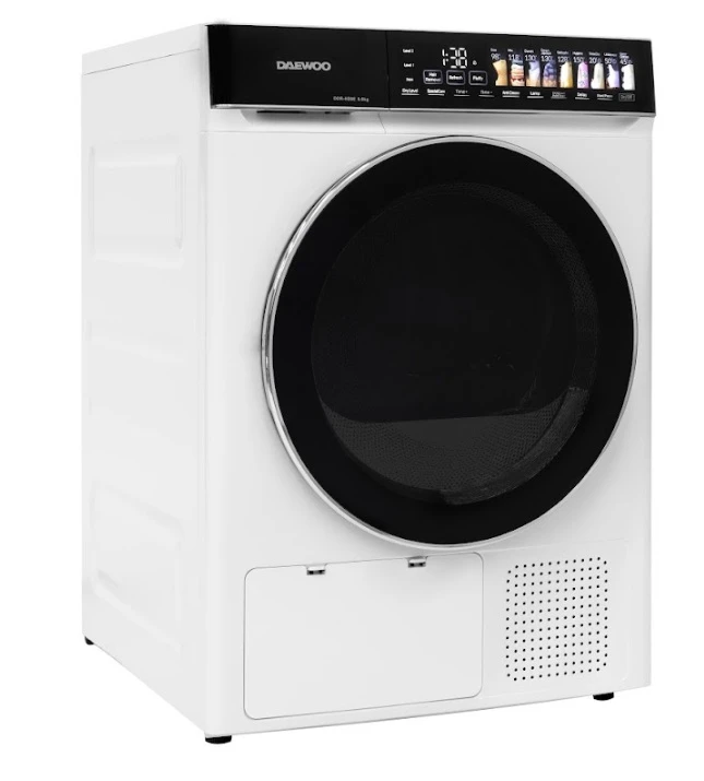 Сушильная машина daewoo ddr-hs9e-1, 9 кг, класс e, электронное управление, тепловой насос, сенсорные кнопки, чёрная панель управления с крупными пиктограммами 4