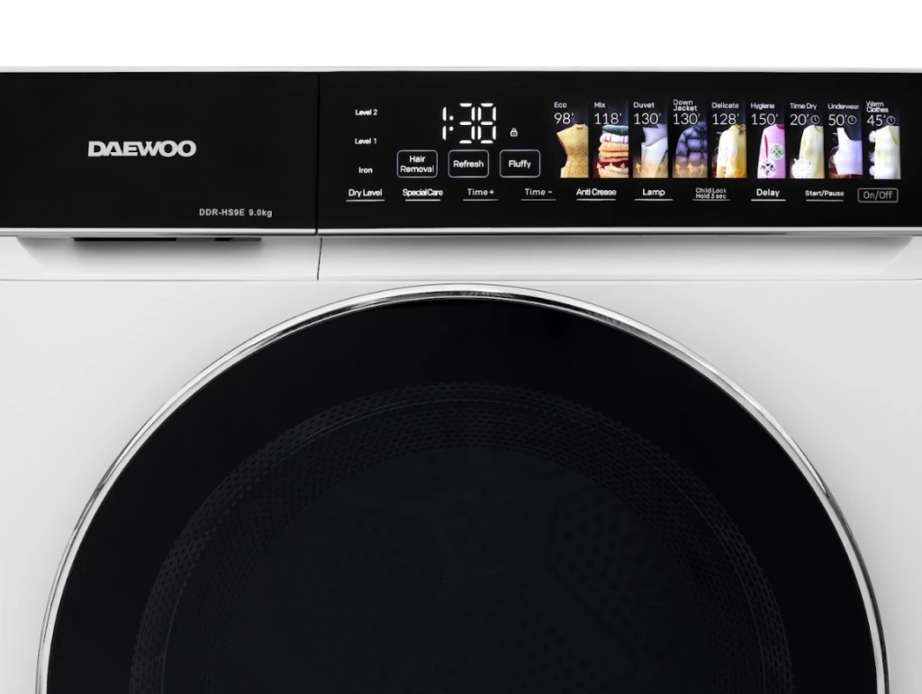 Сушильная машина daewoo ddr-hs9e-1, 9 кг, класс e, электронное управление, тепловой насос, сенсорные кнопки, чёрная панель управления с крупными пиктограммами 5