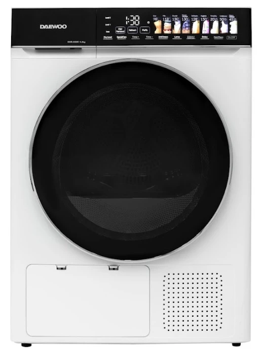 Сушильная машина daewoo ddr-hs9e-1, 9 кг, класс e, электронное управление, тепловой насос, сенсорные кнопки, чёрная панель управления с крупными пиктограммами 7
