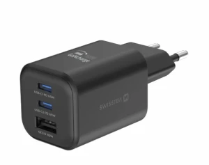 Încărcător rețea swissten gan 2x usb-c 65w pd + 1x usb-a 18w qc black
