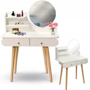 Masa de toaleta scandi cu oglindă rotundă (40 cm), dimensiuni 120×80×40 cm, alb/oak artisan cm-89192