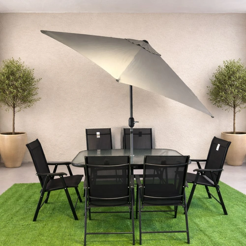 Set masă dreptunghiulară cu 6 scaune pliabile + umbrelă, metal / textilen, negru 4