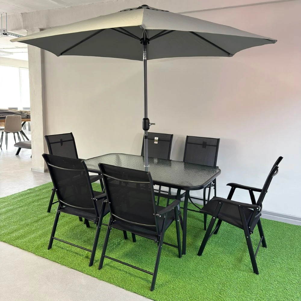 Set masă dreptunghiulară cu 6 scaune pliabile + umbrelă, metal / textilen, negru 3