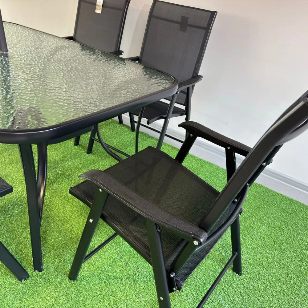 Set masă dreptunghiulară cu 6 scaune pliabile + umbrelă, metal / textilen, negru 6