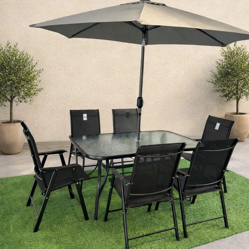 Set masă dreptunghiulară cu 6 scaune pliabile + umbrelă, metal / textilen, negru 2