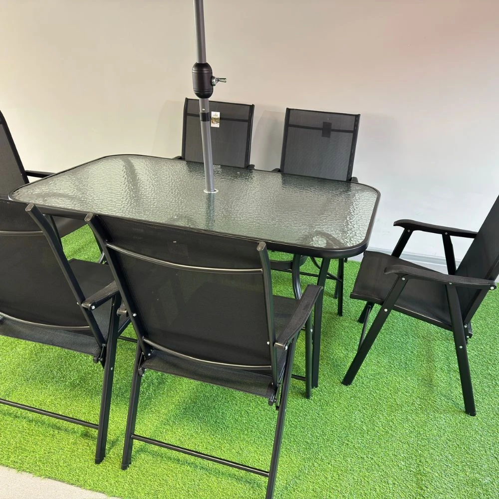 Set masă dreptunghiulară cu 6 scaune pliabile + umbrelă, metal / textilen, negru 5