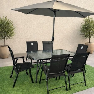 Set masă dreptunghiulară cu 6 scaune pliabile + umbrelă, metal / textilen, negru Thumbnail 2