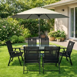 Set masă dreptunghiulară cu 6 scaune pliabile + umbrelă, metal / textilen, negru