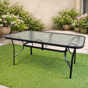 Masă grădină, sticlă / metal, 150x90, neagră