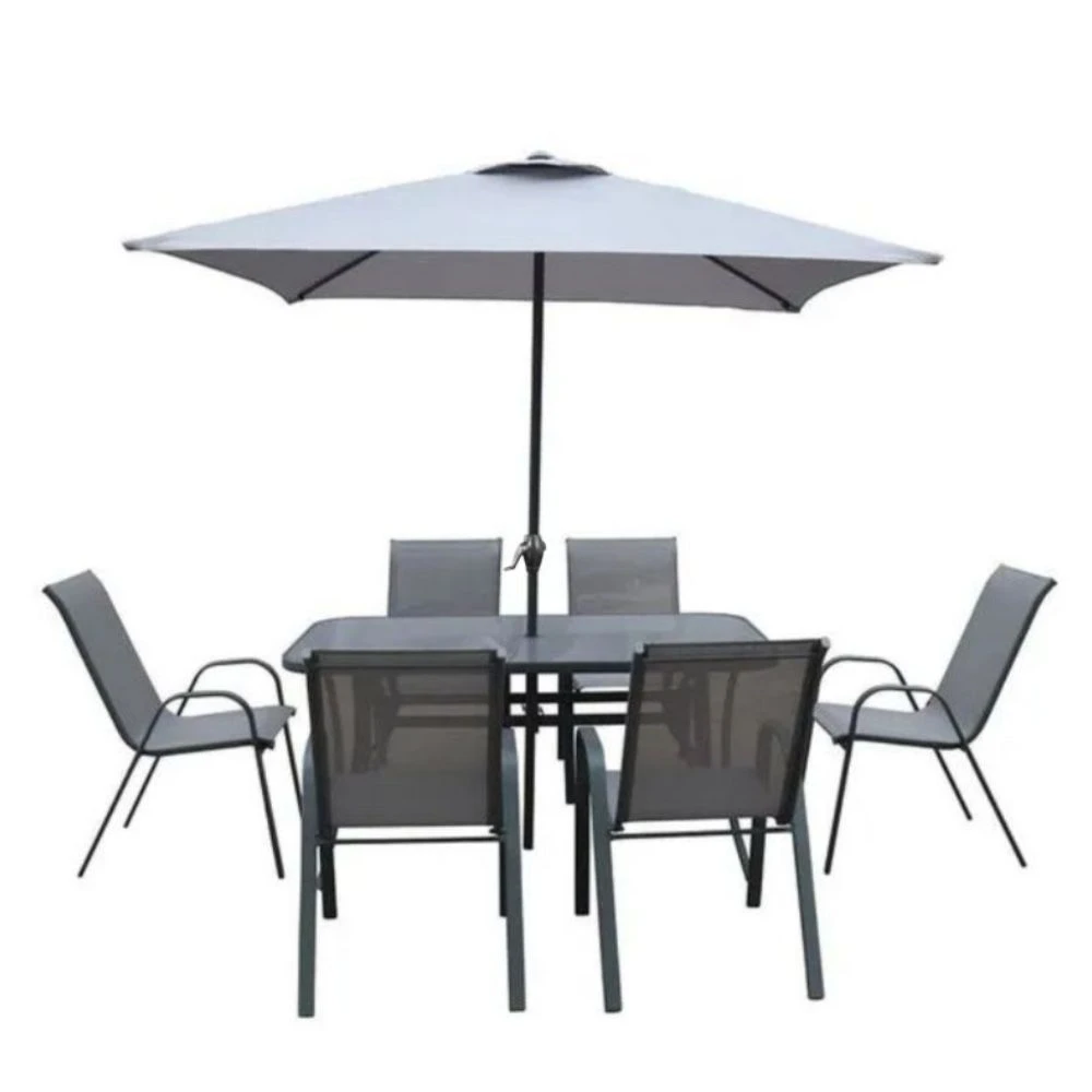 Set masă dreptunghiulară cu 6 scaune + umbrelă, metal / textilen, gri 3