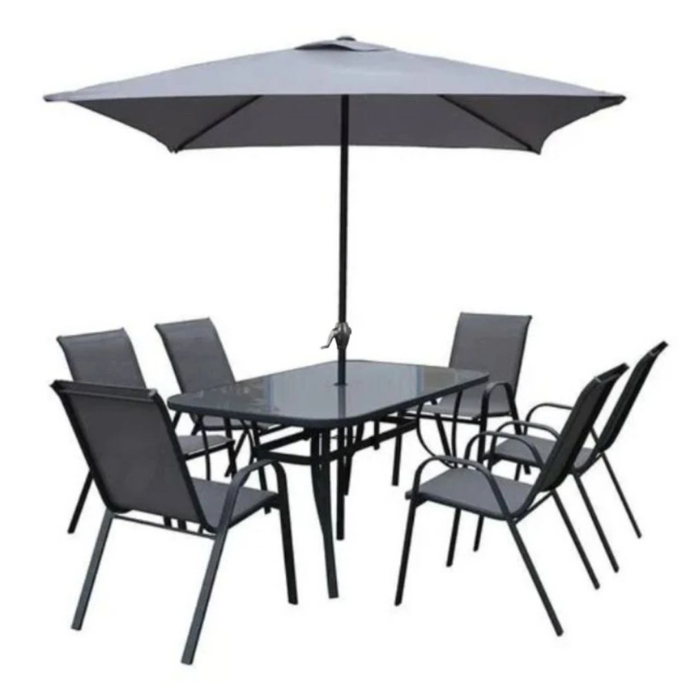Set masă dreptunghiulară cu 6 scaune + umbrelă, metal / textilen, gri 2