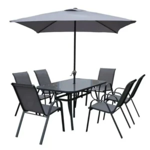 Set masă dreptunghiulară cu 6 scaune + umbrelă, metal / textilen, gri Thumbnail 2