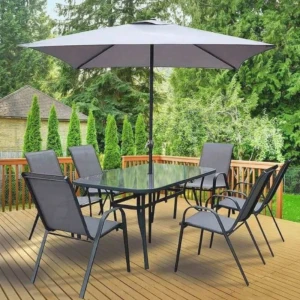 Set masă dreptunghiulară cu 6 scaune + umbrelă, metal / textilen, gri