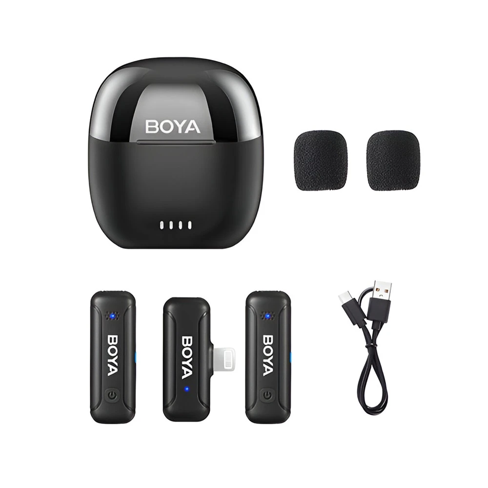 Беспроводной микрофон boya 2.4ghz двухканальный с зарядным кейсом (by-wm3t-d2), разъем lightning, черный 3