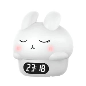 Cute series night light alarm clock tapping shy rabbit, white