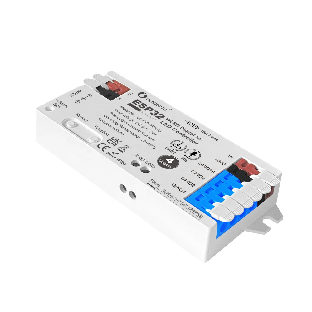 Gledopto esp32 wled digital led strip controller rgb/rgbw with 4-output (gl-c-017wl-d), dc5~24v, max 15a output, max 800 ics, sm16703p, sk6812, ws2811 2