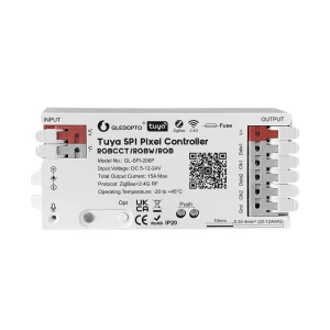 Gledopto tuya zigbee pixel led controller rgb/rgbw/rgbcct (gl-spi-206p), dc5~24v, 2*channels, output signal spi(ttl)×2 800kbs, total max 15a output