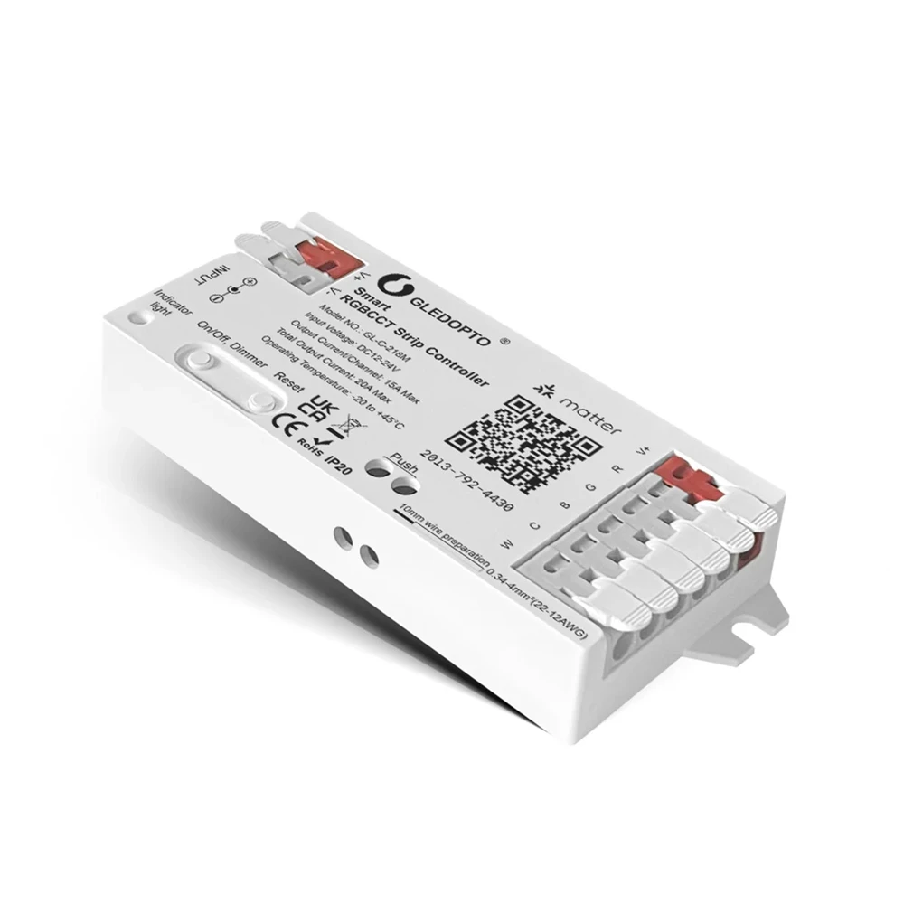 Gledopto matter over wifi умный led контроллер rgb+cct (gl-c-218m), вход dc12~24v, выход 15a/канал, макс 20a всего, поддержка push диммирования. 2