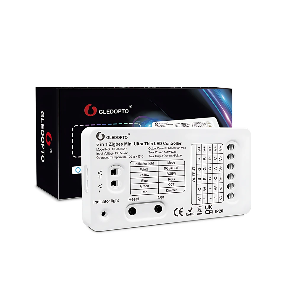 Gledopto zigbee pro ultra thin mini 5in1 led strip controller cct/rgb/rgbw/rgbcct/single color (gl-c-002p(6a/ch)), dc5~24v, 6a/ch, max 144w output 2