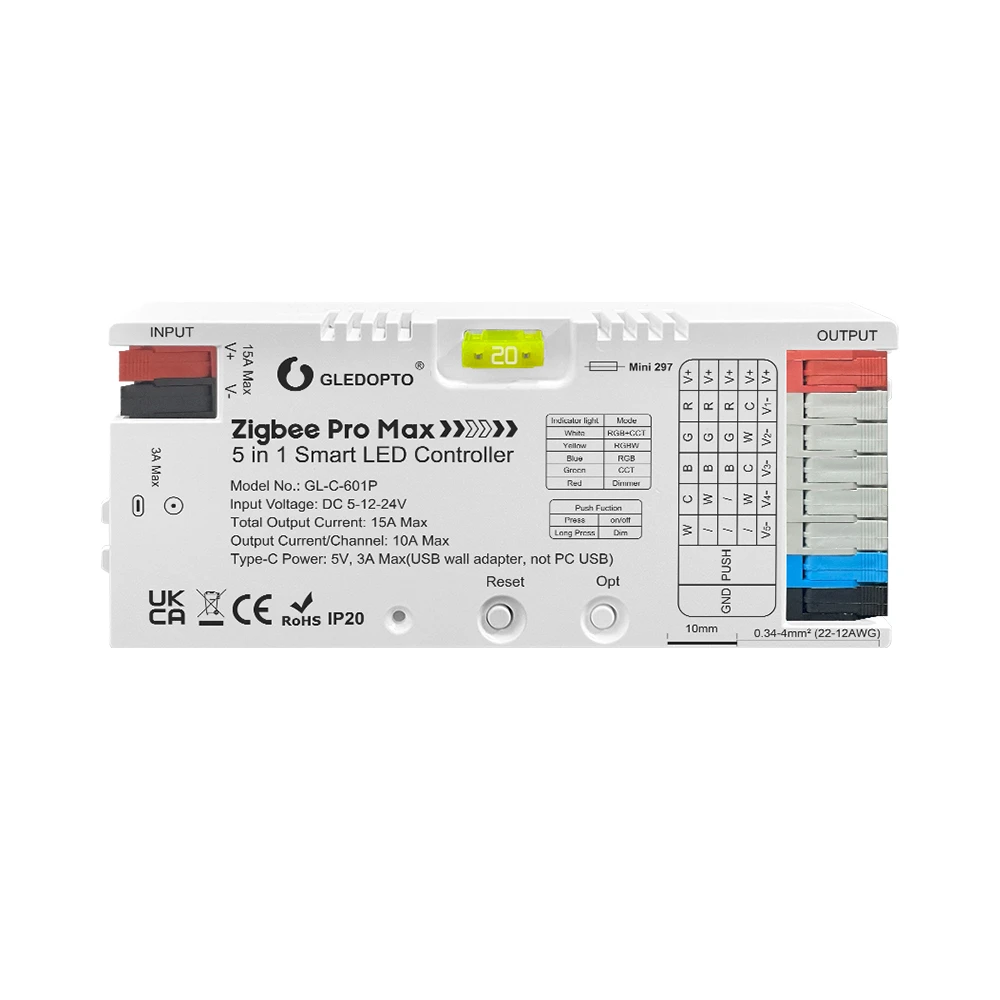 Gledopto zigbee pro max 5in1 led controller cct/rgb/rgbcct/single color (gl-c-601p), push switch, dc5~24v, 10a/ch, total max 15a output 2