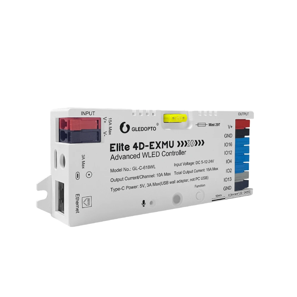 Gledopto elite 4d-exmu advanced esp32 wled цифровой led контроллер rgb/rgbw/rgbcct с 4 выходами, lan (gl-c-618wl), dc5~24v, макс. 15a, макс. 800 ics 2