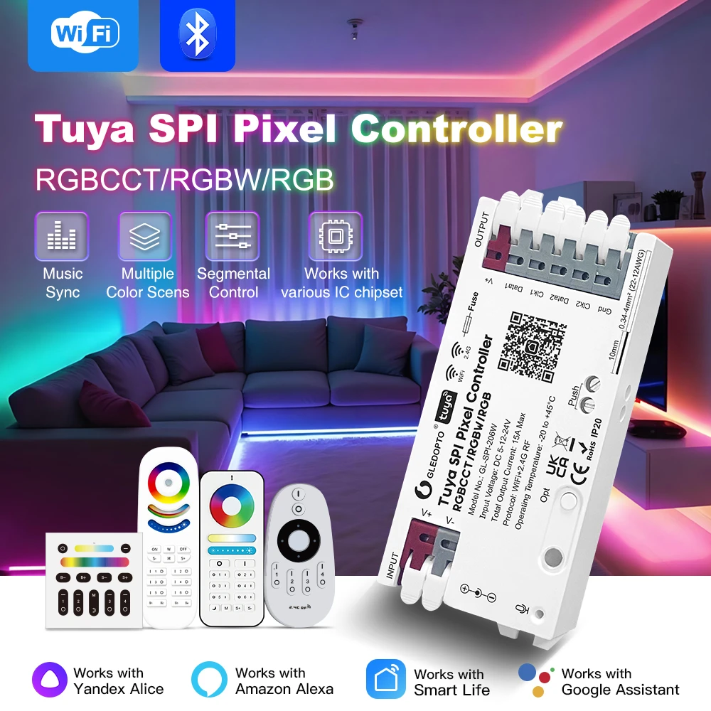 Gledopto tuya wi-fi pixel led controller rgb/rgbw/rgbcct (gl-spi-206w), dc5~24v, 2*channels, output signal spi(ttl)×2 800kbs, total max 15a output 3