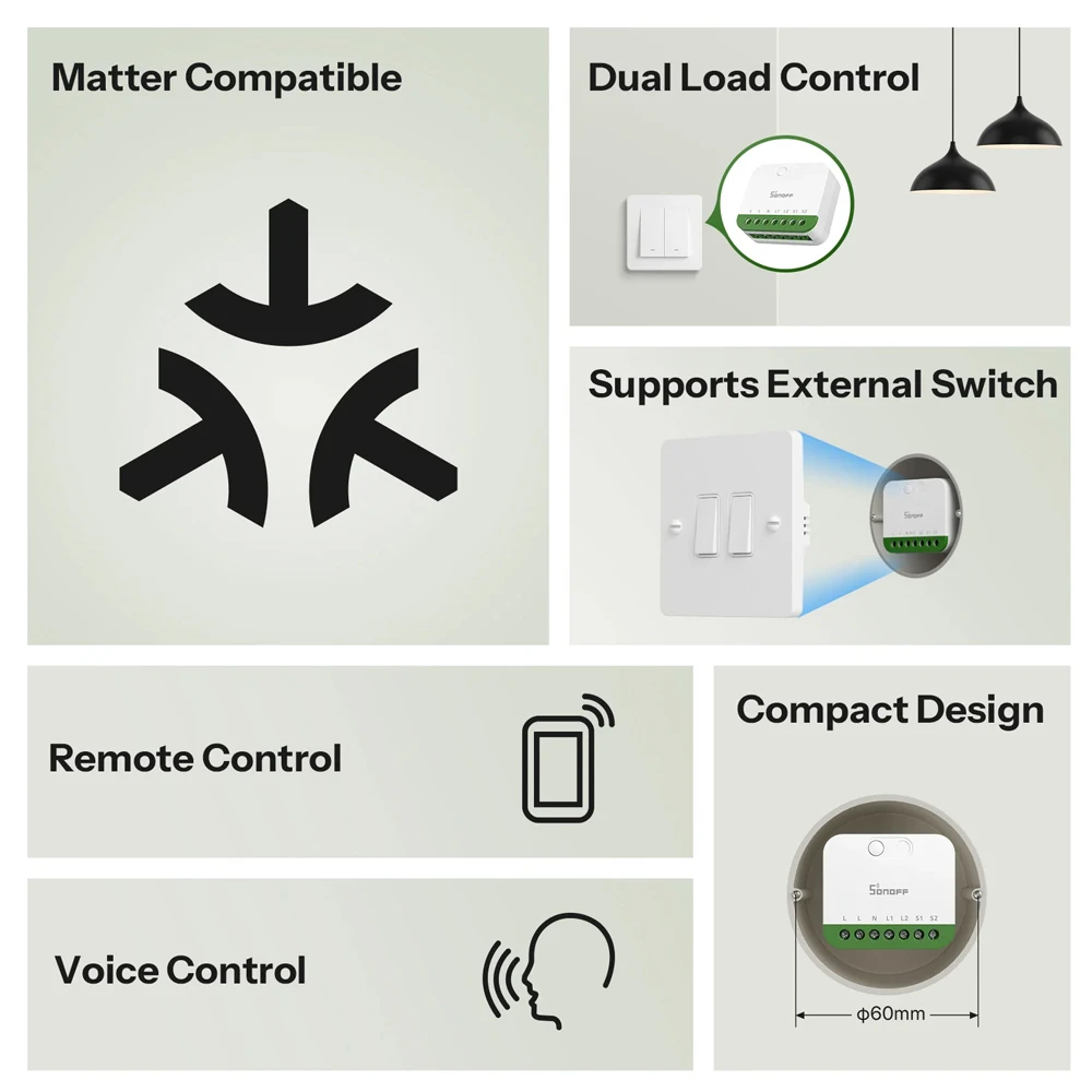 Sonoff matter over wi-fi smart switch mini-2gs mini duo 2-gang (neutral required) 3