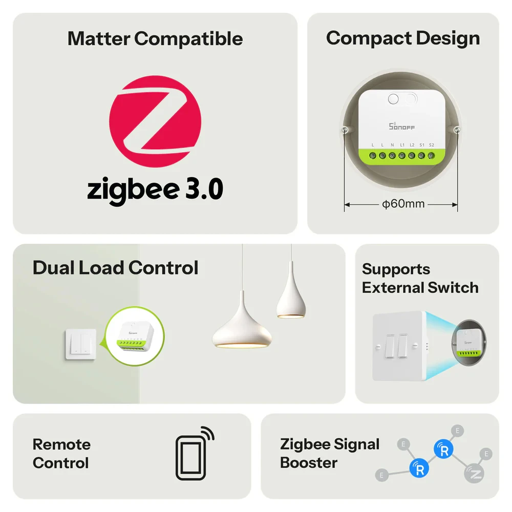 Sonoff zigbee smart switch mini-zb2gs mini duo 2-gang (neutral required) 3