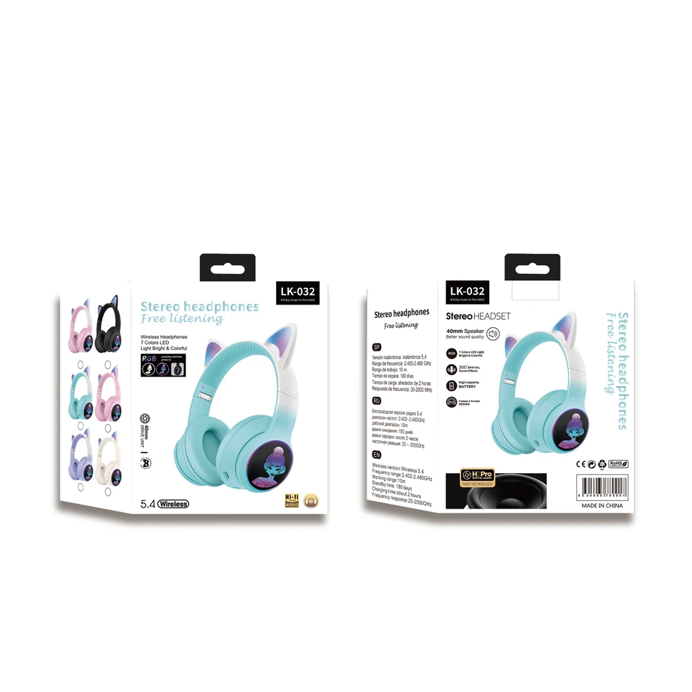 Musen wireless kids headphones on ear lk-032 princess (cat ears), pink 2