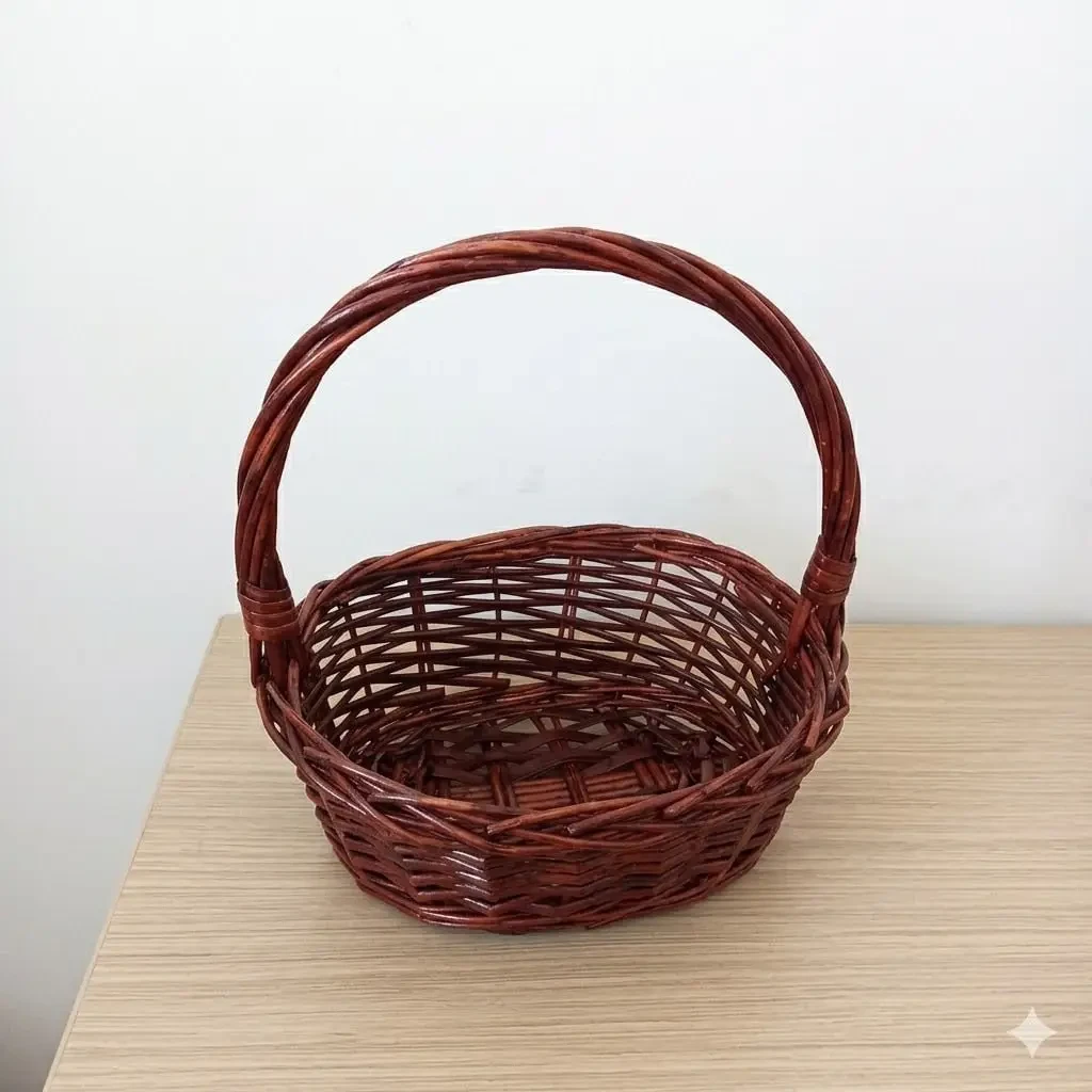 Coș decorativ oval din răchită cu toartă 20x26 cm, cafeniu 3