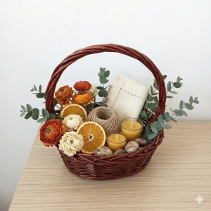 Coș decorativ oval din răchită cu toartă 20x26 cm, cafeniu Thumbnail 2