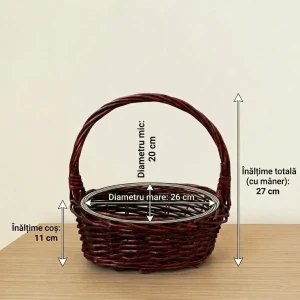 Coș decorativ oval din răchită cu toartă 20x26 cm, cafeniu