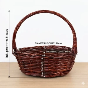 Coș decorativ oval din răchită cu toartă 26x34 cm, cafeniu