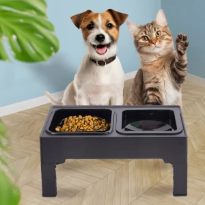 Set 2 boluri din otel inoxidabil pentru caine si pisica, jumi, pe suport pliabil, negru