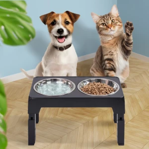 Set 2 boluri din otel inoxidabil pentru caine si pisica, jumi, pe suport pliabil, gri