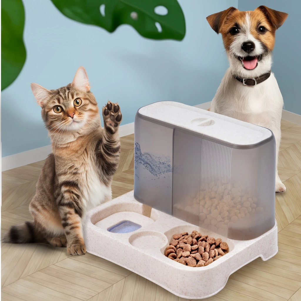 Hranitor pentru animale si distribuitor de apa, jumi anti-stropire, 22x25x29cm alb/gri 2