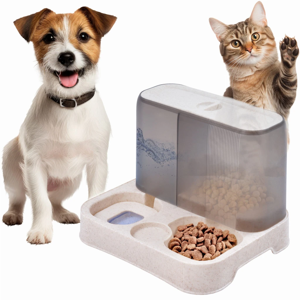 Hranitor pentru animale si distribuitor de apa, jumi anti-stropire, 22x25x29cm alb/gri 5