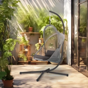 Fotoliu/leagan suspendat, jumi, cu suport inclus, perna inclusa, pliabil, negru Thumbnail 3