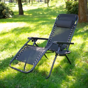 Sezlong de gradina pliabil jumi multi-pozitii cu raft si blocare scaun negru om-282025 Thumbnail 4