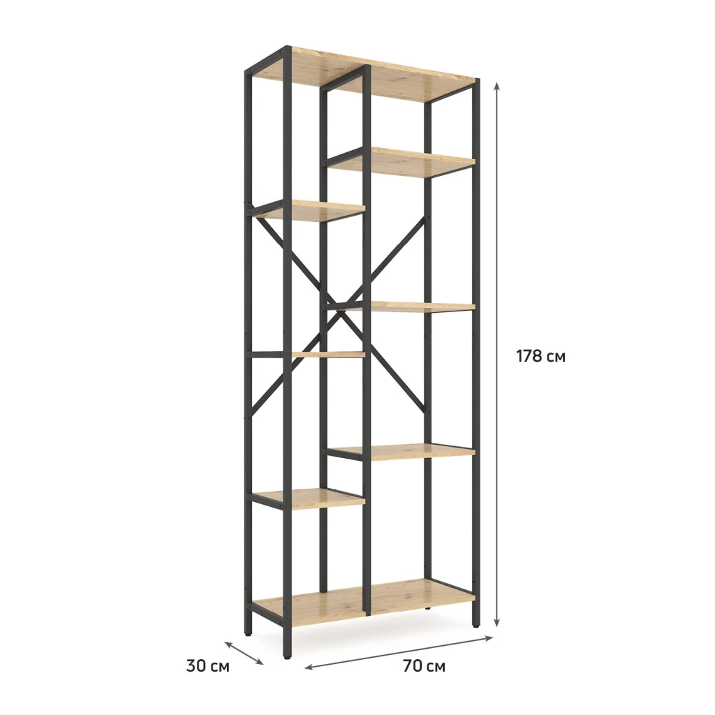 Металлический стеллаж nex loft cascade 1780x700x300 мм, 7 полок, дсп, антрацит/ oak artisan 2