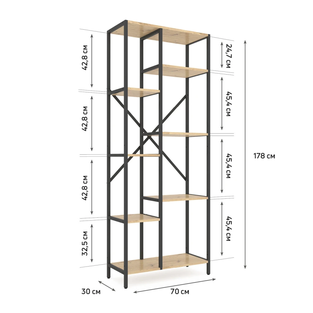 Металлический стеллаж nex loft cascade 1780x700x300 мм, 7 полок, дсп, антрацит/ oak artisan 3
