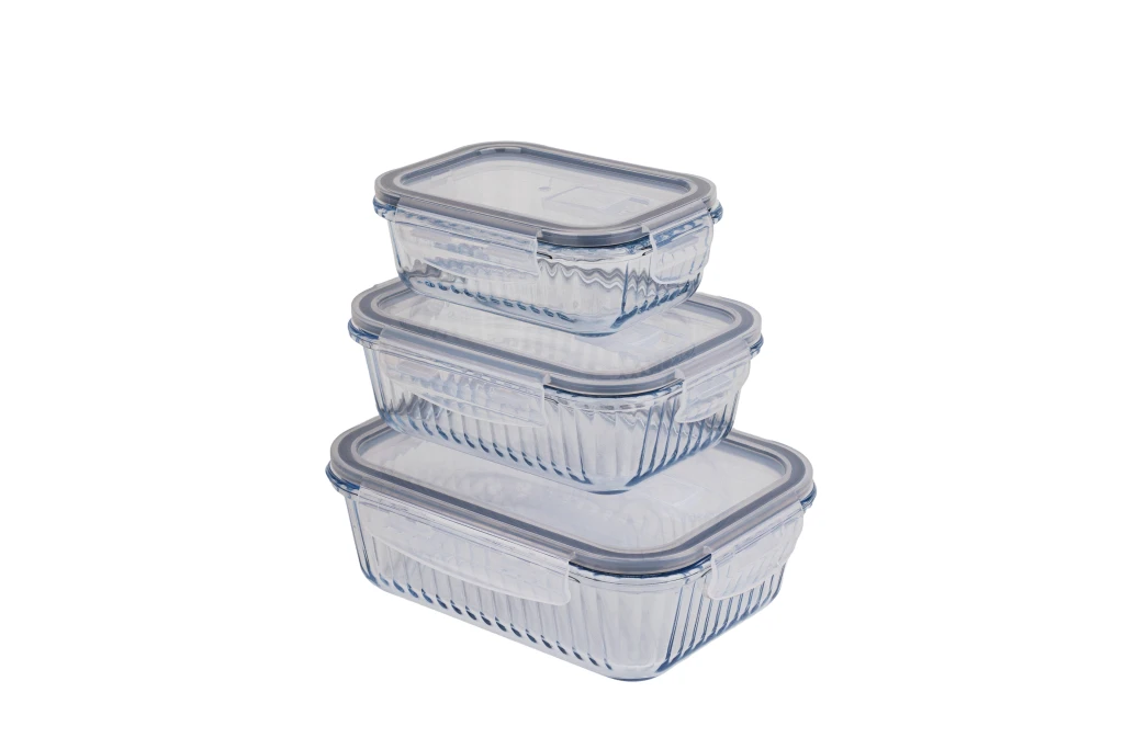 Set 3 vase pentru depozitare dreptunghiulare cu model optic embosat (380 cc + 640 cc + 1040 cc), borart 2