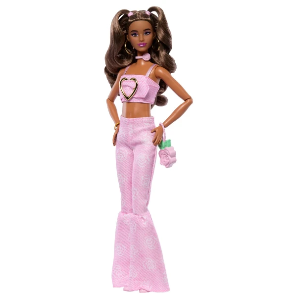 Păpușa barbie "fashionistă în top roz din denim și blugi evazați" 5