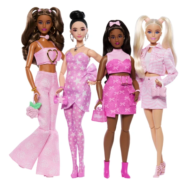Păpușa barbie "fashionistă în top roz din denim și blugi evazați" 9