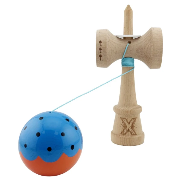 "kendama flippy x original", profesională, rulment metalic, ața 62/65 cm, ultra aderent, cupe mari, king size 7.5 х 6 х 18 cm, albastru-portocaliu 6